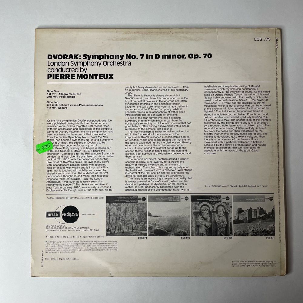 Винтажная виниловая пластинка LP A. Dvorak Дворжак, London Symphony Orchestra, Pierre Monteux, Симфония Symphony No. 7 (Англия 1976)