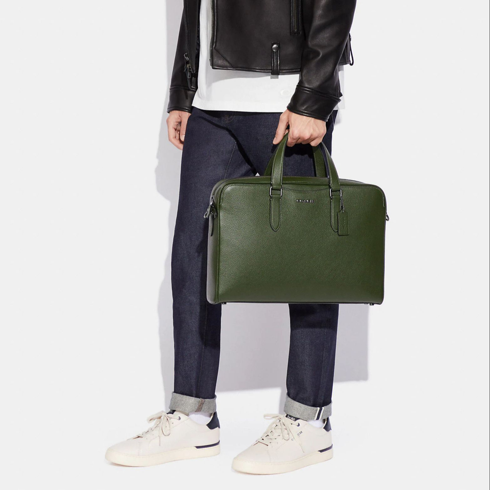 COACH Graham Pebbled Leather Briefcase, Shoulder Bag, Handbag Large Men"s Dark Green