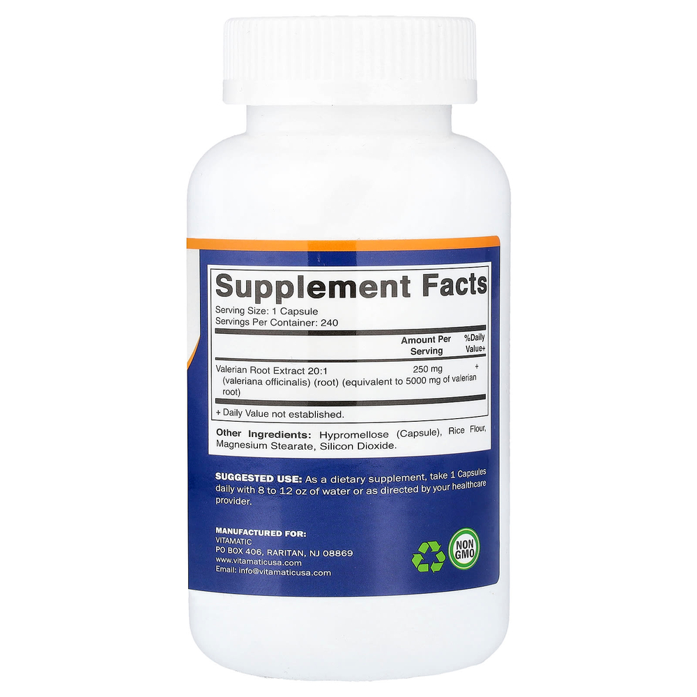 Vitamatic, корень валерианы, высокоэффективный, 240 растительных капсул (250 мг в 1 капсуле)