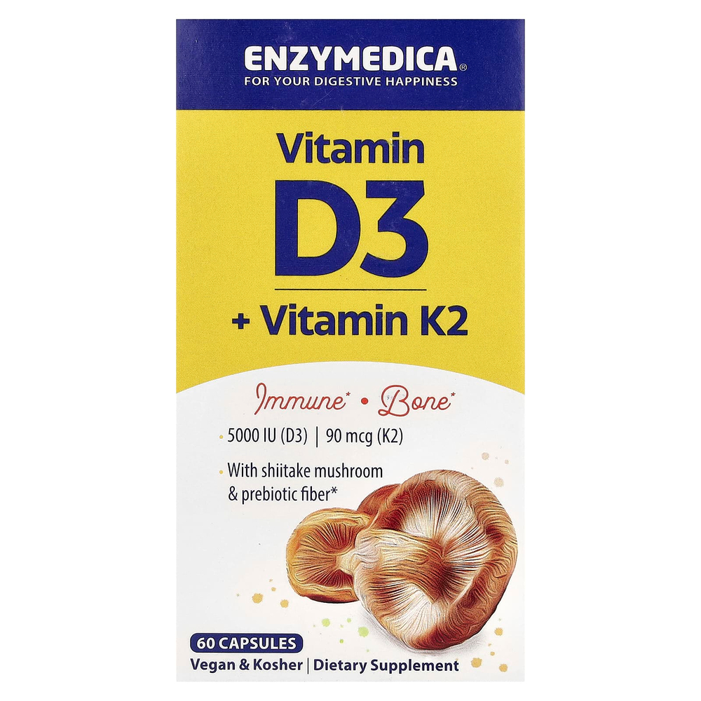 Enzymedica, витамин D3 с витамином K2, 60 капсул