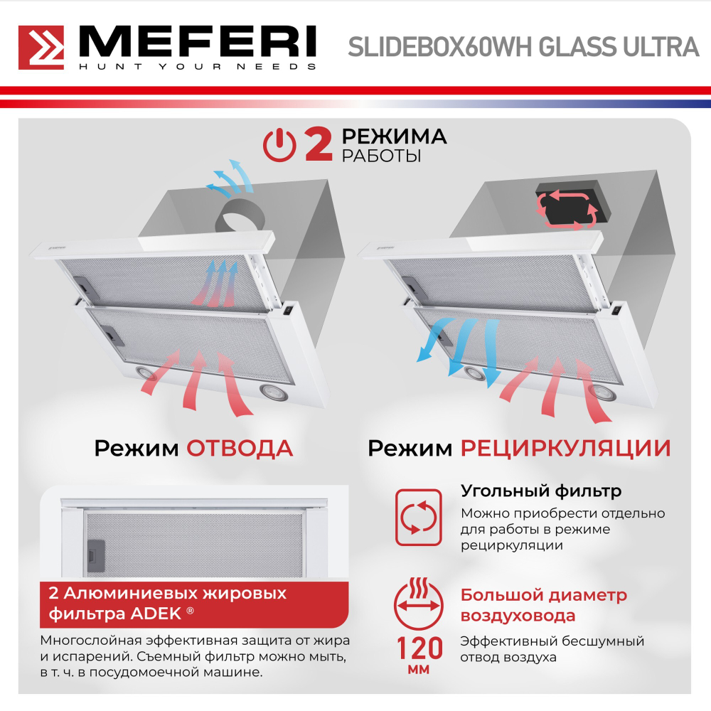 Телескопическая вытяжка Meferi SLIDEBOX60WH GLASS ULTRA фото 3