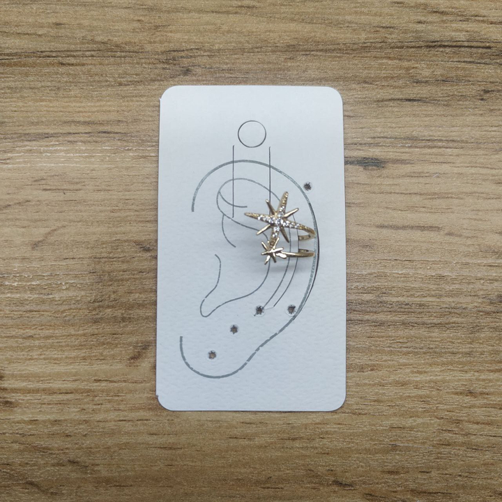 Серьга-кафф Mini 2 полукольца в одном 2 Звезды сияние стразы металл золотистый