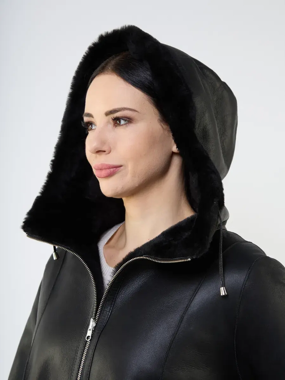 Дубленка зимняя двухсторонняя шуба с капюшоном