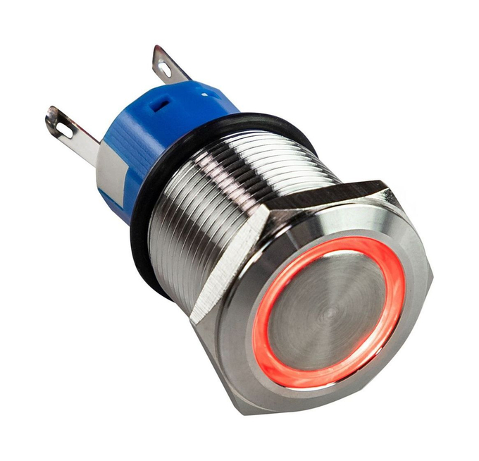 Кнопка без фиксации 12 В 5А, OFF-(ON) 5P, D19 красная подсветка