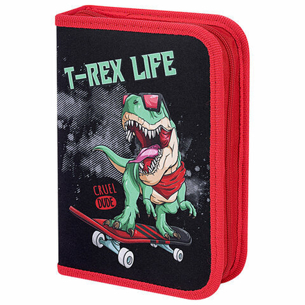 Пенал ПИФАГОР, 1 отделение 2 откидные планки, полиэстер, 20х14 см, "T-Rex Life"