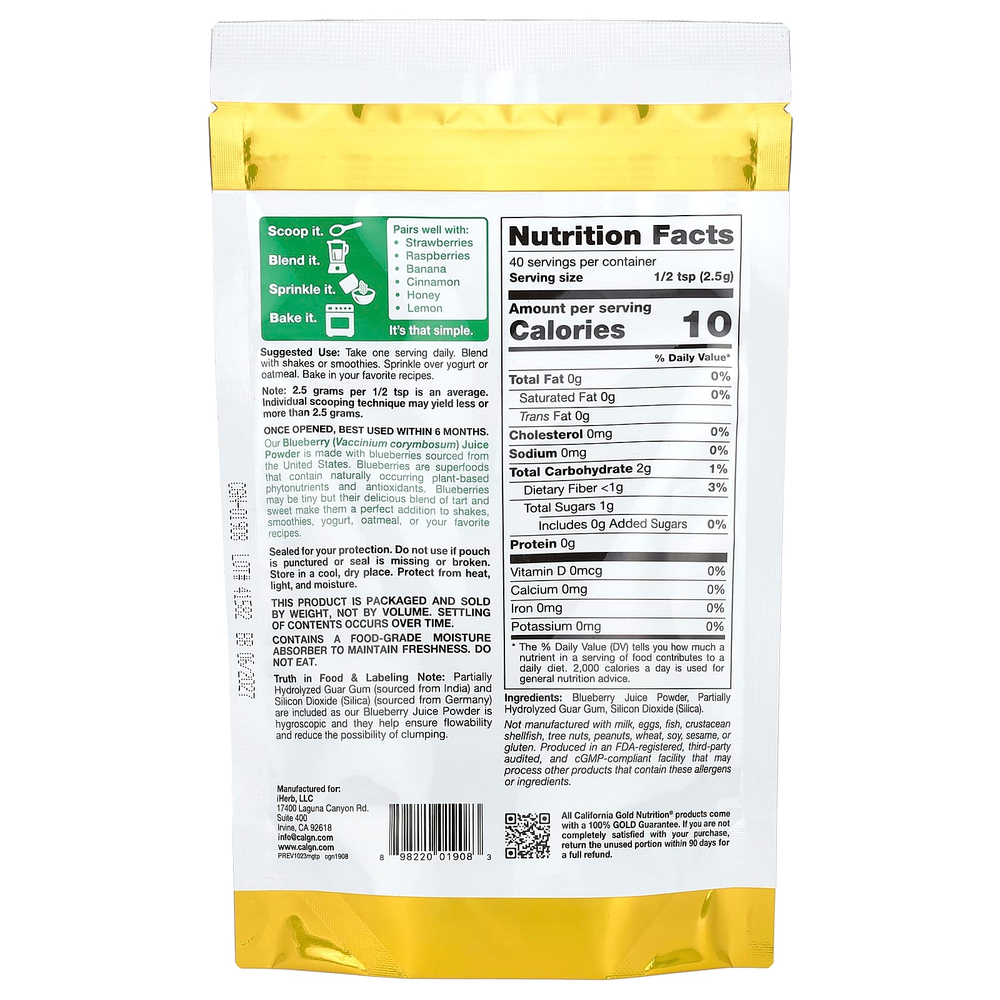 California Gold Nutrition, Superfoods, сок голубики в порошке, 100 г (3,53 унции)