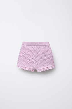 ZARA ТРИКОТАЖНЫЕ БЕРМУДЫ С КРУЖЕВОМ, РОЗОВЫЙ/ЛИЛОВЫЙ