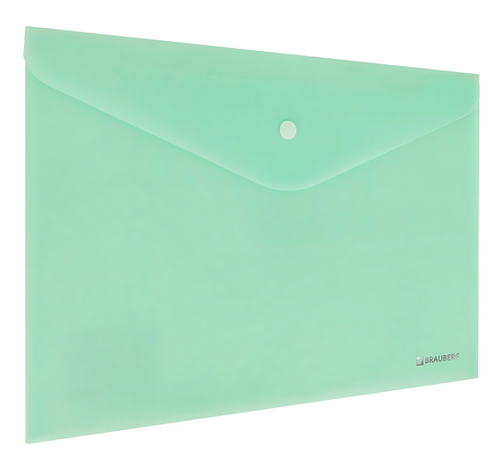 Папка-конверт с кнопкой А4 "Pastel" 0,2мм. матовая непрозрачная, мятная, прочная (BRAUBERG)