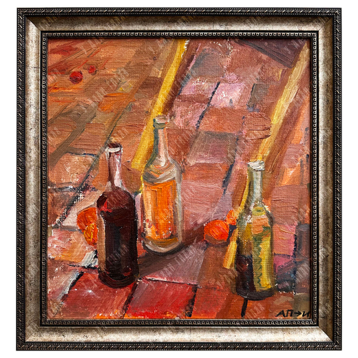 Н/х. Натюрморт с тремя бутылками и мандаринами / Осенний пейзаж. Картон, масло. 1980-е гг.