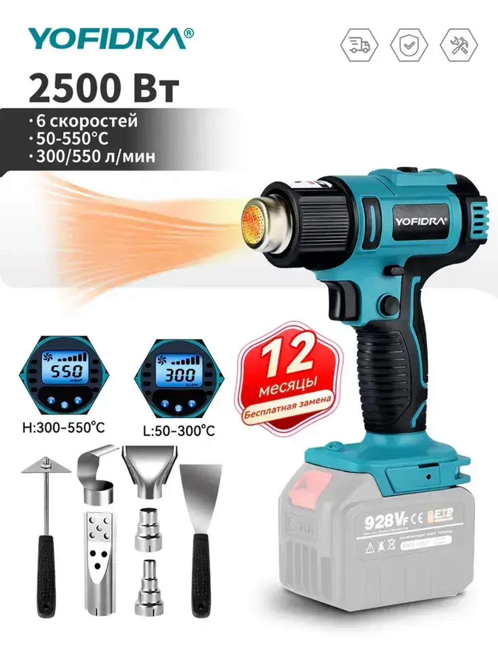 Фен строительный с регулировкой температуры YOFIDRA/ термофен технический, с цифровым дисплеем, без батареи (2 режима, 2500 Вт,300-550 л/мин, 300-550 градусов, 7 сопла)