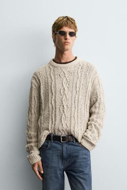 ZARA ТЕКСТУРНЫЙ СВИТЕР С УЗОРОМ «КОСЫ», КАМЕННО-СЕРЫЙ