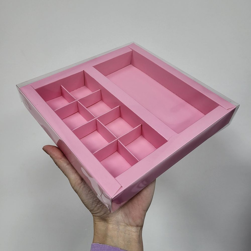 Коробка на 8 конфет + плитка шоколада 16*8 см Розовая матовая ПРЕМИУМ