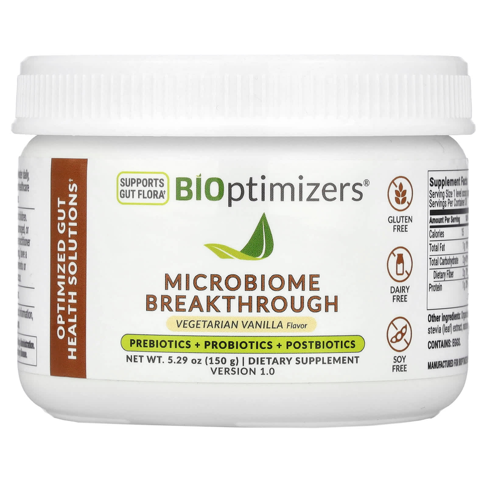 BIOptimizers, Microbiome Breakthrough, пребиотики, пробиотики и постбиотики, вегетарианская ваниль, 150 г (5,29 унции)