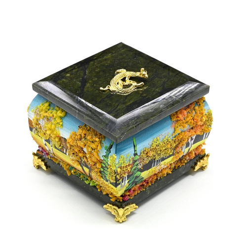 Шкатулка из камня змеевик с рисунком акриловыми красками и каменной крошкой "Осень" 90*90*85мм.