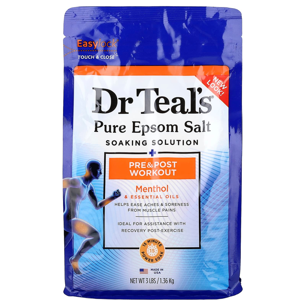 Dr. Teal's, раствор для замачивания с чистой английской солью, до и после тренировки, ментол и эфирные масла, 1,36 кг (3 фунта)