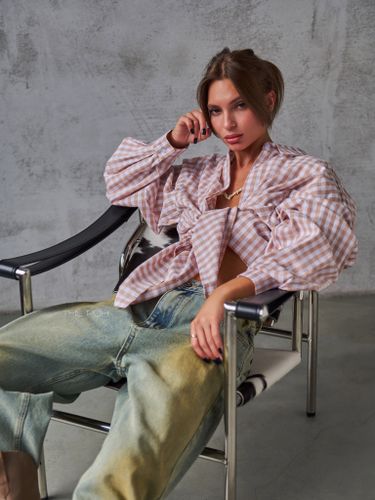 Бежевая хлопковая оверсайз рубашка в клетку