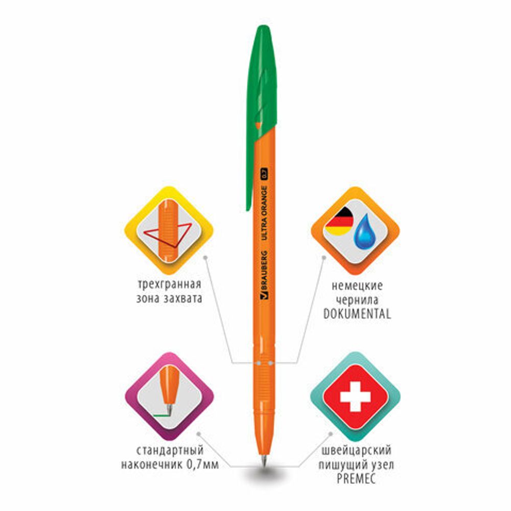Ручка шариковая BRAUBERG "ULTRA ORANGE", ЗЕЛЕНАЯ, узел 0,7 мм, чернила ГЕРМАНИЯ, наконечник ШВЕЙЦАРИЯ, 143565, 1шт