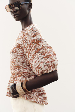 ZARA ТРИКОТАЖНЫЙ СВИТЕР С КОНТРАСТНОЙ БАСКОЙ, КОРИЧНЕВЫЙ/БЕЛЫЙ