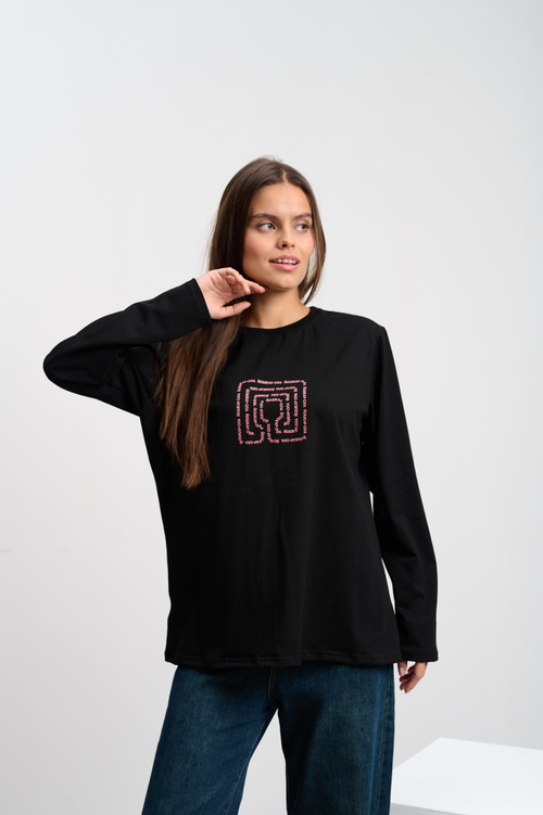 Лонгслив женский черный "Лабиринт."