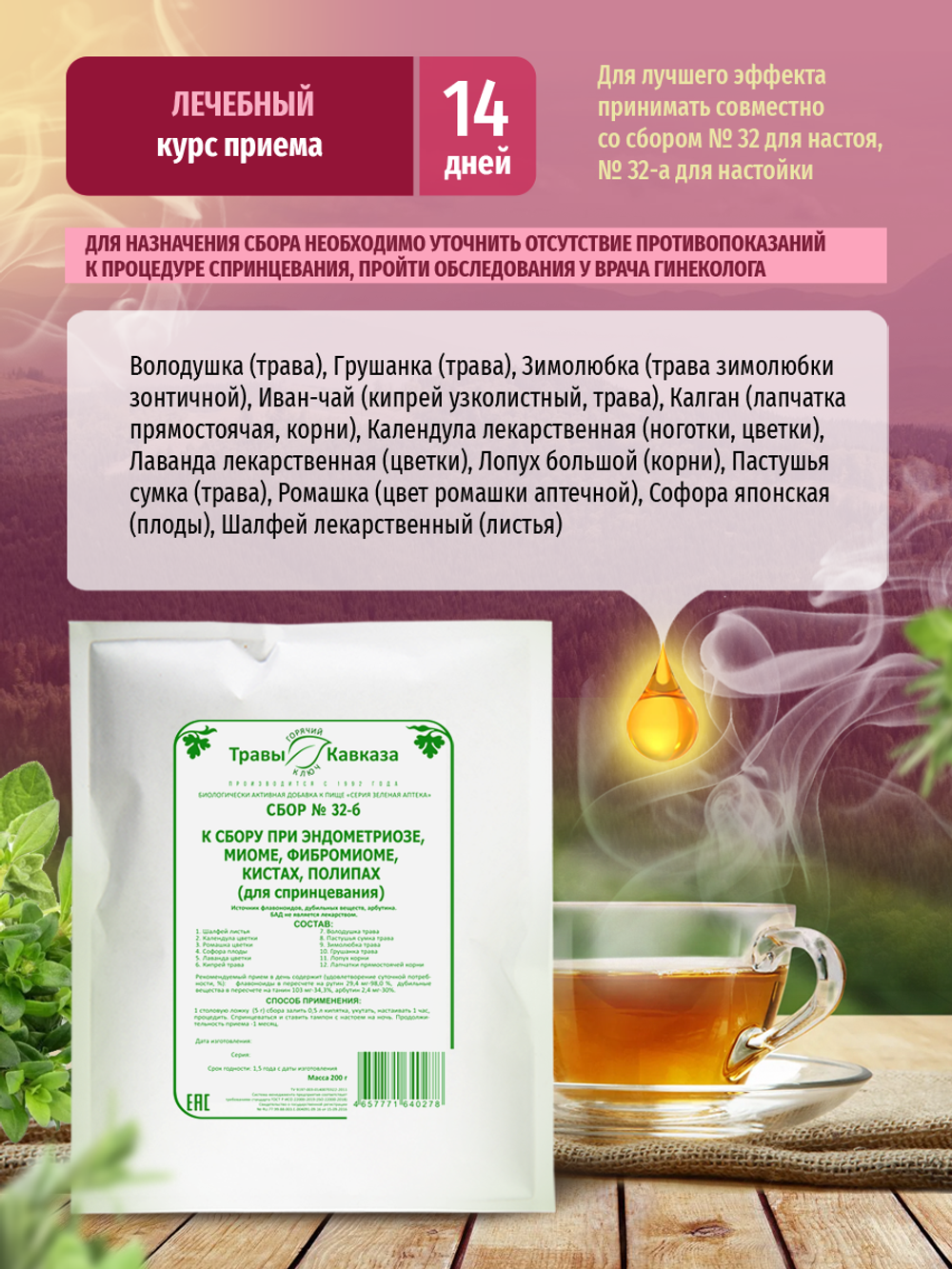Сбор № 32-б при эндометриозе, миоме, фибромиоме, кистах, полипах (для спринцевания)