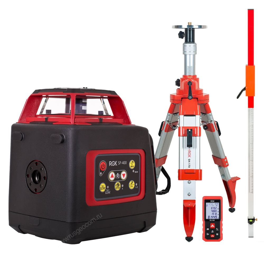 Комплект: ротационный нивелир RGK SP-400 + элевационный штатив RGK SH-170 + рейка RGK LR-2 + дальномер RGK DL100