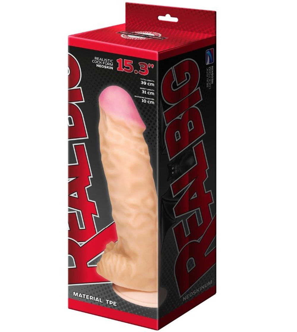 Телесный фаллоимитатор-супергигант с мошонкой на присоске - 39 см. (Цвет: телесный)