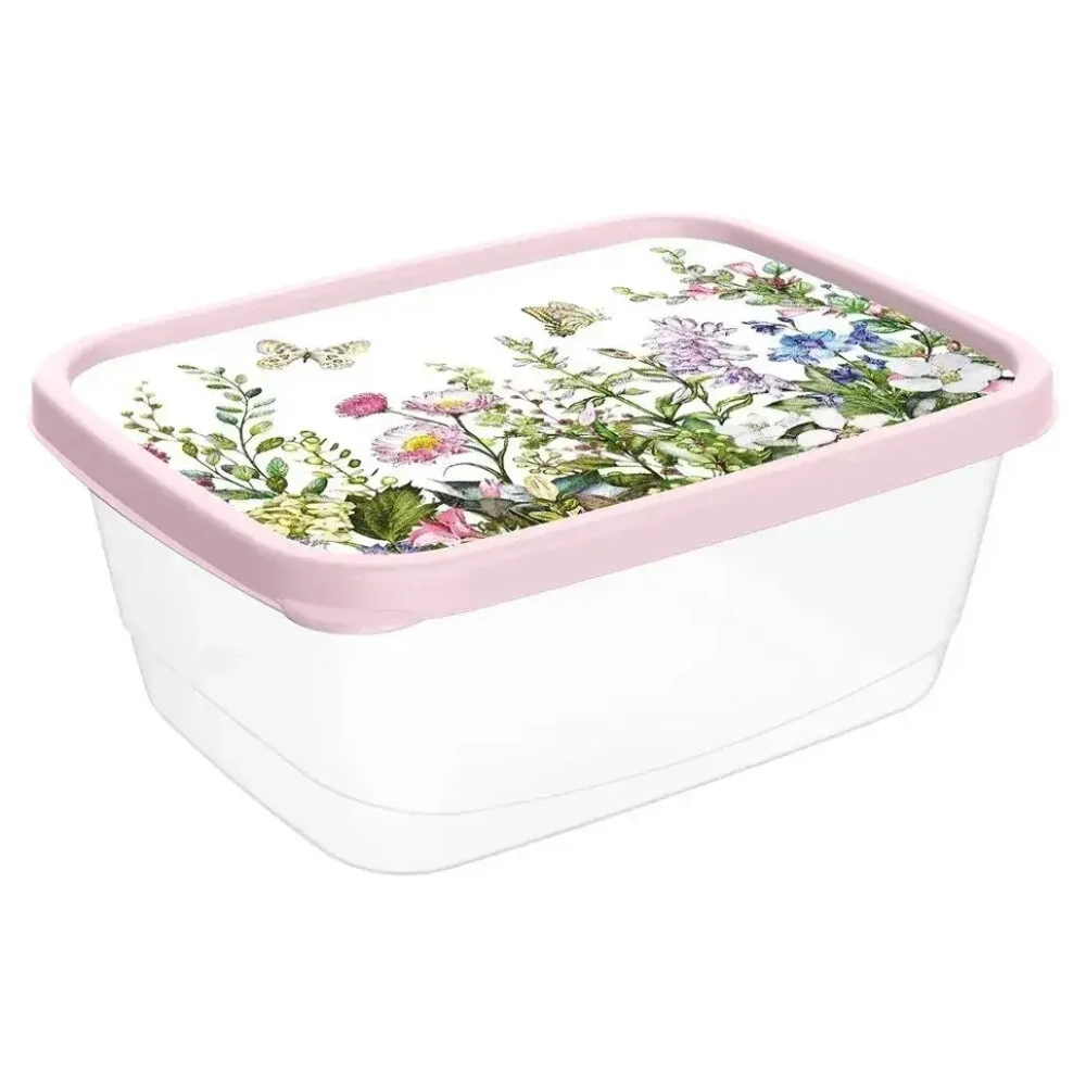 Контейнер для продуктов прямоугольный 1,5л с декором Цветущий луг, Светло-розовый