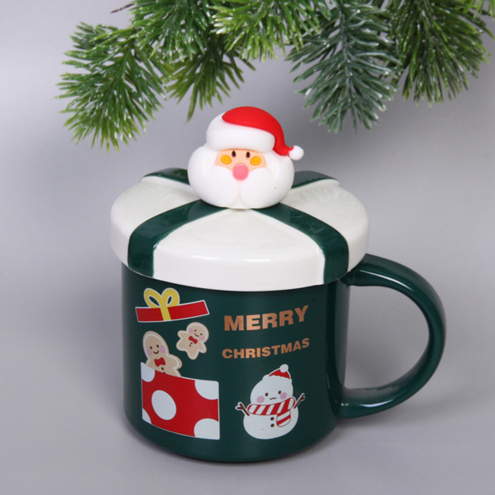 Кружка керамическая 400мл «Рождественский микс» с крышкой и ложкой