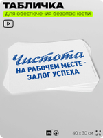 Табличка для обеспечения безопасности "Чистота на рабочем месте - залог успеха", для офиса, по охране труда для предприятия, организаций, 40х30 см, Silver Plane x Айдентика Технолоджи