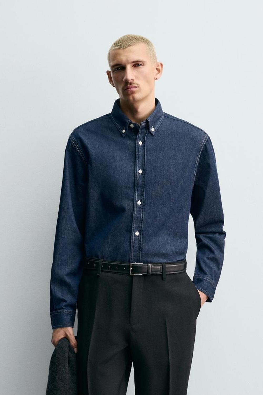 ZARA ДЖИНСОВАЯ РУБАШКА ИЗ ХЛОПКА И КАШЕМИРА, СИНИЙ