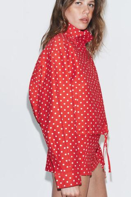 ZARA КУРТКА С РУКАВАМИ «ФОНАРИК» В ГОРОШЕК, КРАСНЫЙ/БЕЛЫЙ