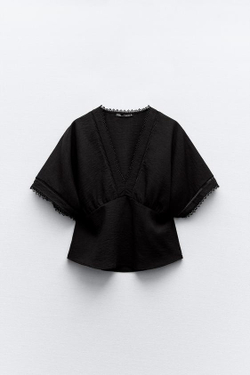 ZARA ТОП КИМОНО С КРУЖЕВОМ, ЧЕРНЫЙ