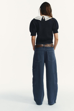 ZARA СВИТЕР ИЗ КРУЖЕВА КРОШЕ С КОРОТКИМИ РУКАВАМИ, МОРСКОЙ СИНИЙ