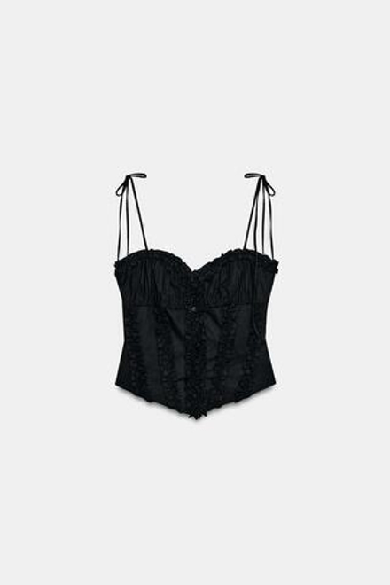 ZARA ТОП ИЗ ПОПЛИНА В ГОРОШЕК С ВОЛАНАМИ, ЧЕРНЫЙ