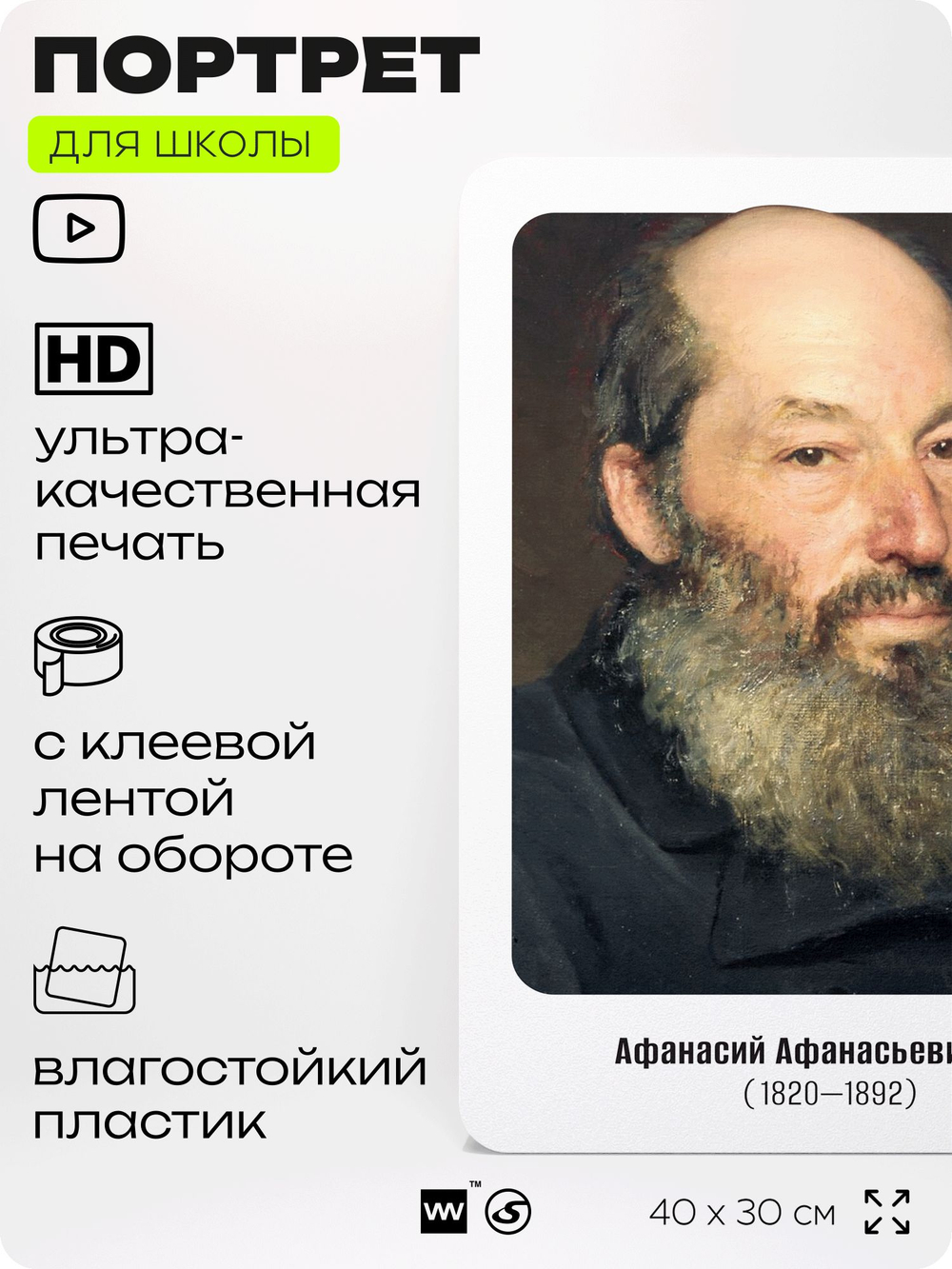 Портрет для школы в кабинет литературы и русского языка "Фет Афанасий Афанасьевич", стенд школьный для класса, для оформления классного уголка, 40х30 см, Silver Plane x Айдентика Технолоджи