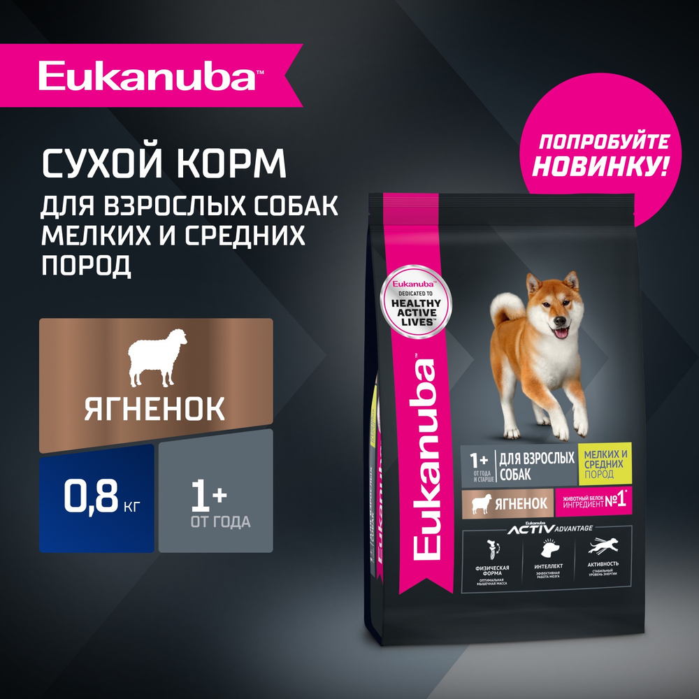 Сухой корм Eukanuba для взрослых собак мелких и средних пород старше 1 года с ягненком 800г