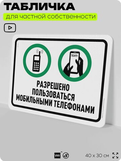 Табличка для частной территории "Разрешено пользоваться мобильными телефонами", на дом, для участка, организаций и частных территорий, предупреждающая, 40х30 см, Silver Plane x Айдентика Технолоджи