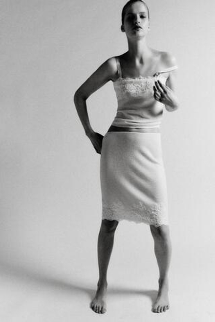 ZARA ВЯЗАНАЯ ЮБКА МИДИ С КРУЖЕВОМ И ВЫШИВКОЙ, ЭКРЮ