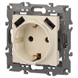Розетка ЭРА Elegance 14-4109-02 2P+E 16A-250В штор. с 2xUSB 5В-3А слоновая кость