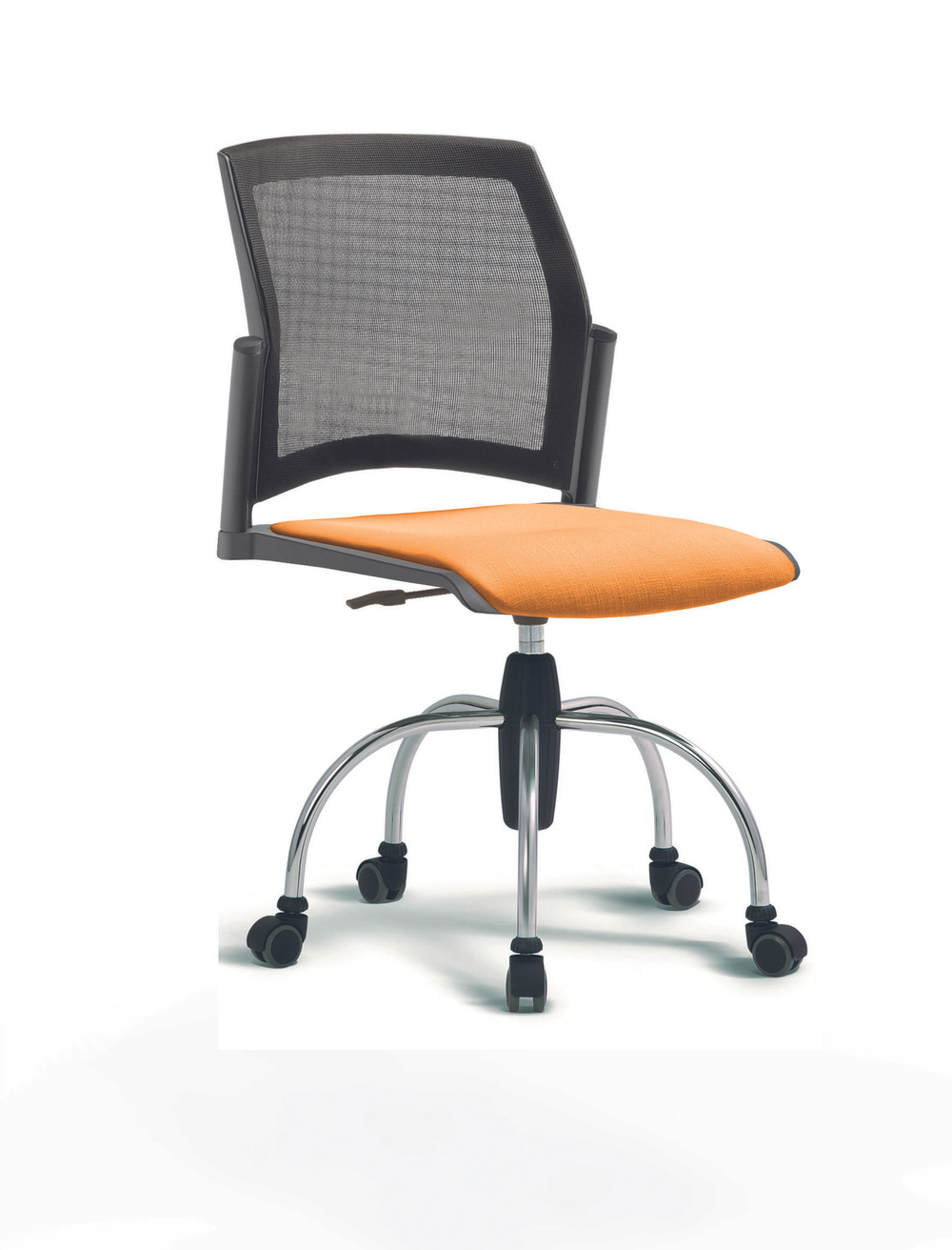 Кресло Rewind каркас хромированный, пластик серый, база паук хромированная, без подлокотников, сидение оранжевое, спинка-сетка