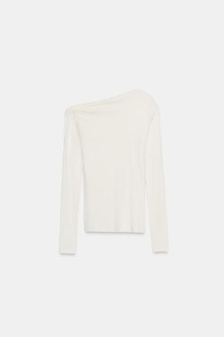 ZARA АСИММЕТРИЧНАЯ ФУТБОЛКА С ДЛИННЫМИ РУКАВАМИ, ЭКРЮ
