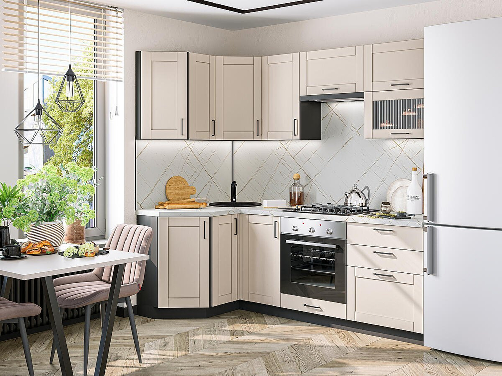 Угловая модульная кухня Лофт-03 Cream Silk - Graphite 2140*1200/2200*600