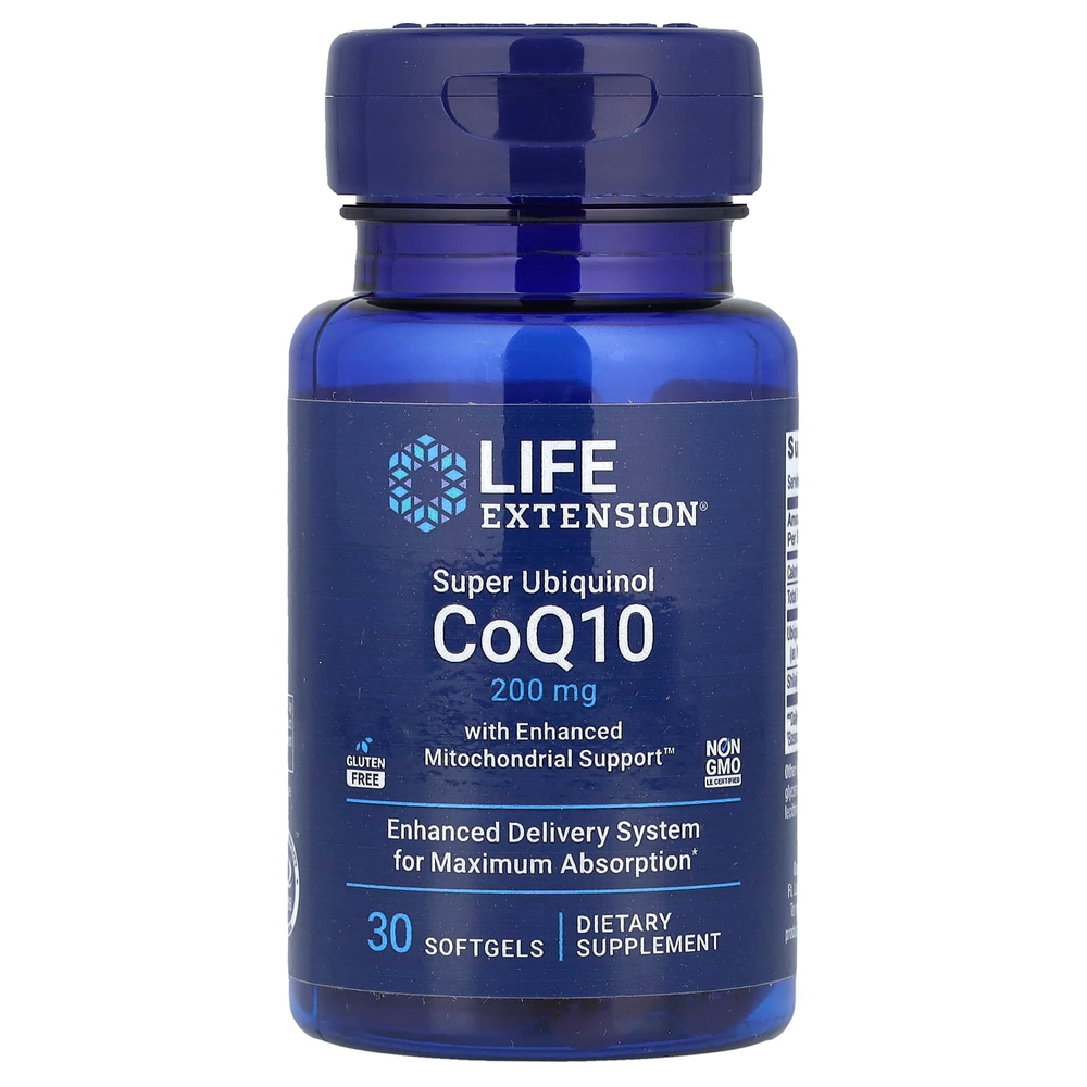 Life Extension, Super Ubiquinol CoQ10 с улучшенной поддержкой митохондрий, 200 мг, 30 гелевых капсул