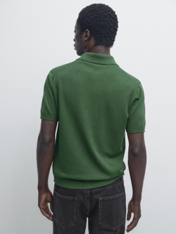 Massimo Dutti Трикотажный свитер из смесового хлопка с воротником-поло, утино-зеленый