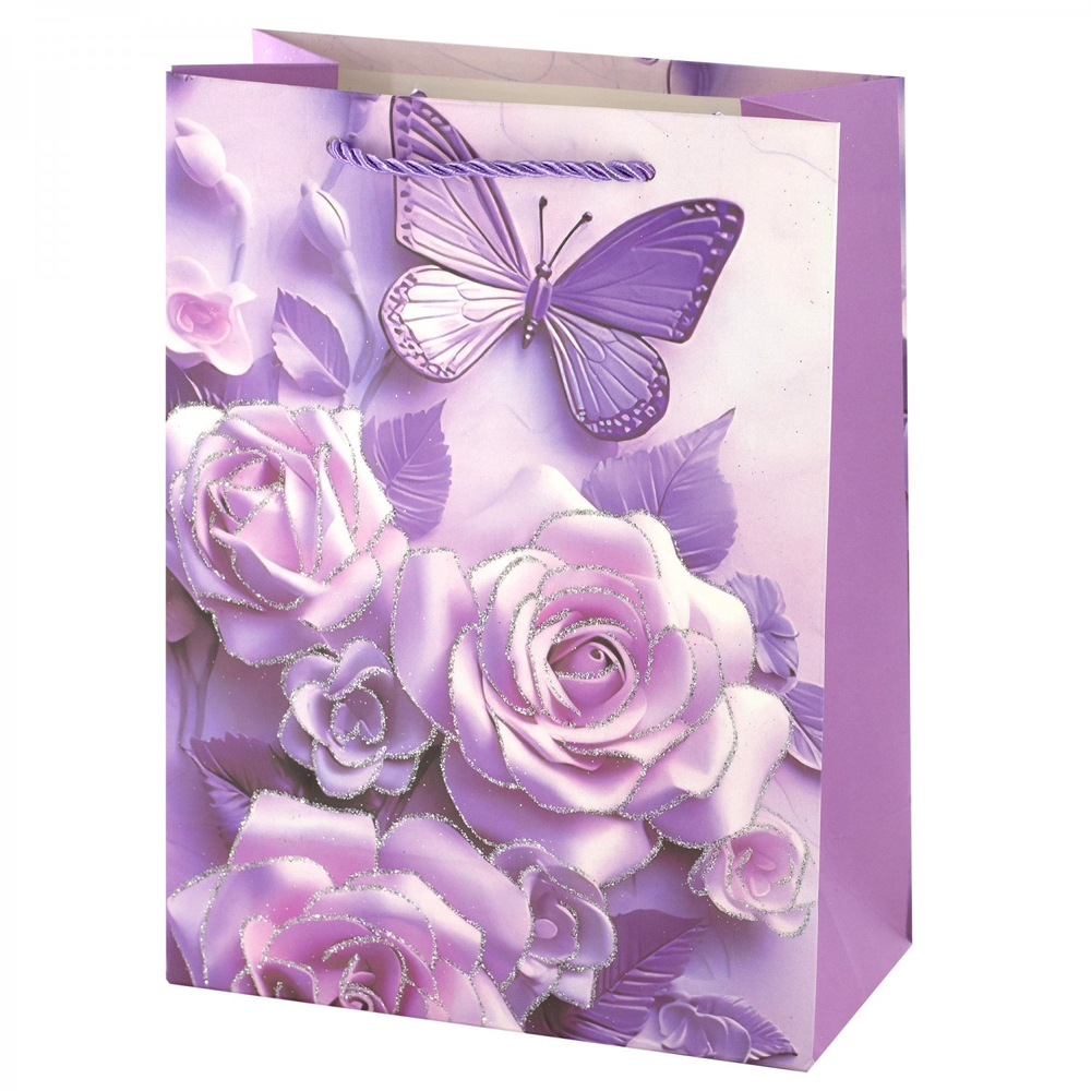 Пакет подарочный бумажный Alingar, (XL) 31х40х12 см, вертикальный, "Розы и бабочки", мат. ламинация, глиттер, ассорти