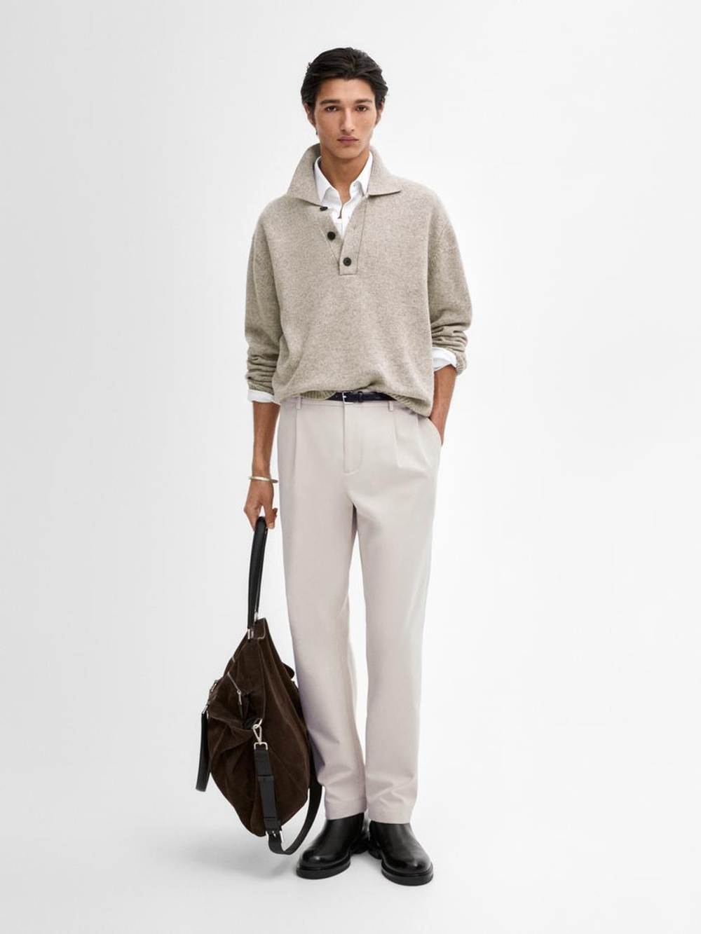 Massimo Dutti Легкий свитер с воротником поло, песочно-коричневый