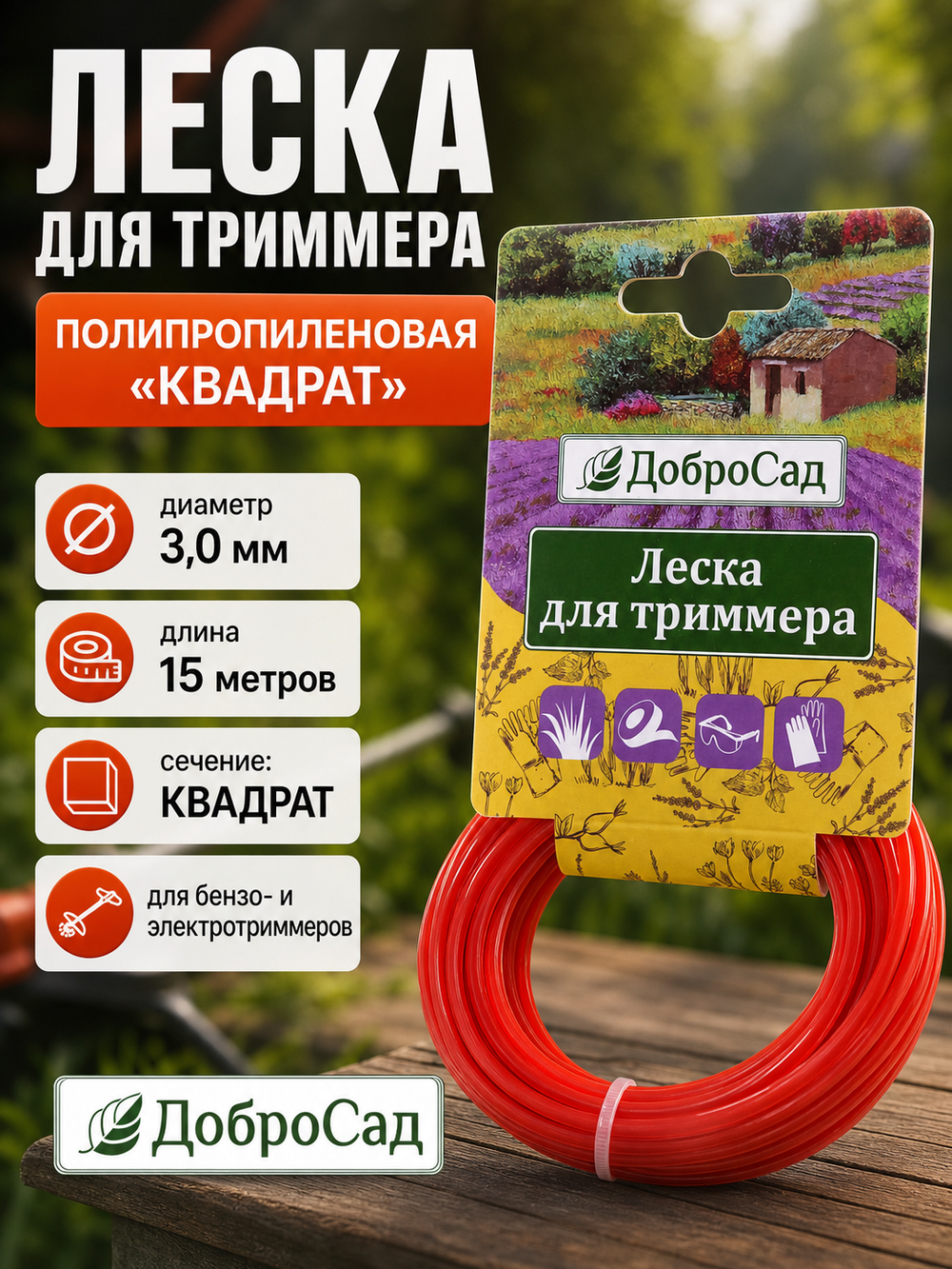 Леска для триммера 3,0мм*15м квадрат ДоброСад
