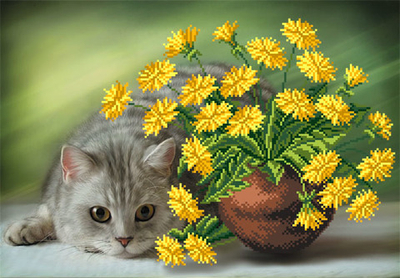 "Котик и одуванчики"-4154 ткань с нанесенным рисунком