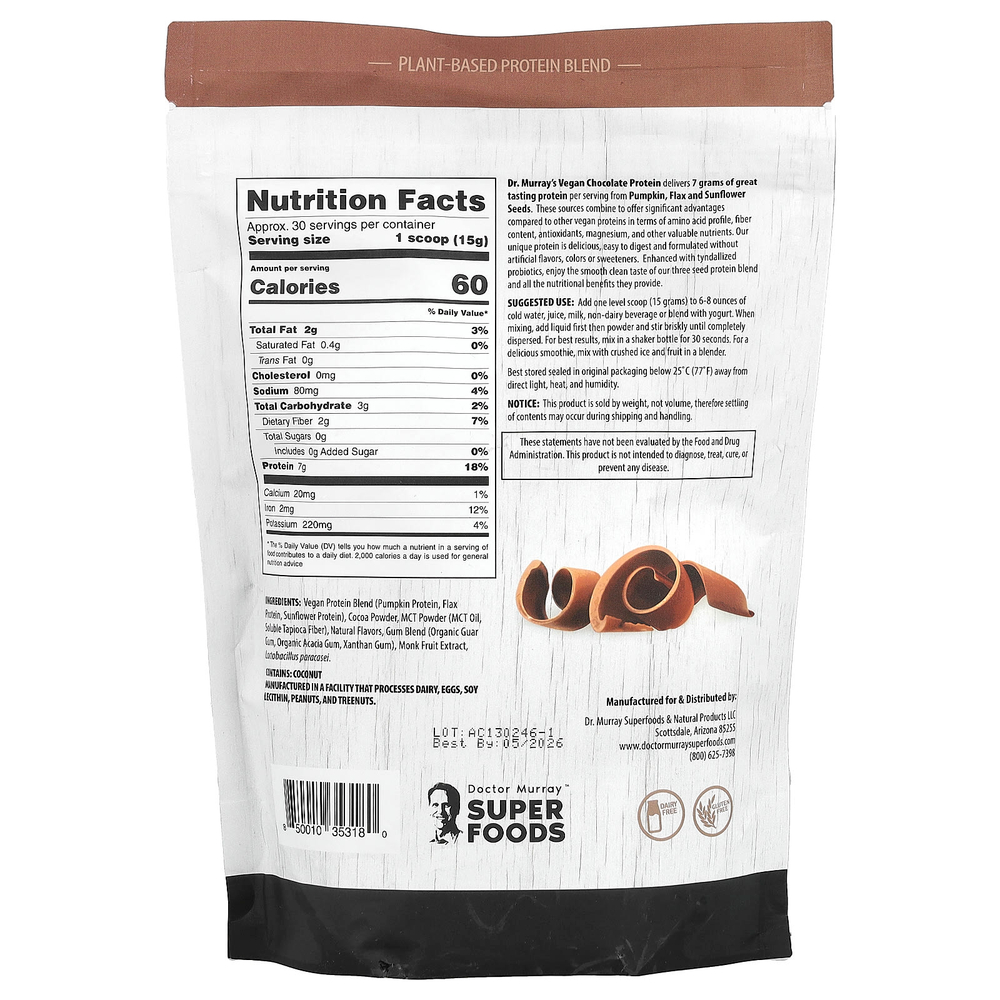 Dr. Murray's, Super Foods, порошок из 3 протеинов, тыква + лен + подсолнечник, шоколад, 453,5 г (16 унций)