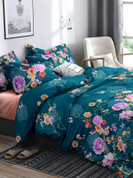 Постельное белье Евро полисатин Павлайн Ветки с цветами на зеленом (А)